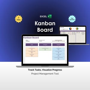 Kanban Board Excel Project Management Tool  Project Task Tracker Visualize Work In Progress Business Management Spreadsheet SCRUM template