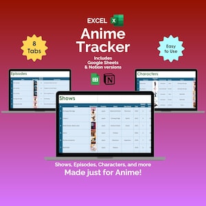 Anime volglijst tracker spreadsheetsjabloon Otaku planner afleveringen database karakterlijst kawaii anime dagboek volglijst organisator