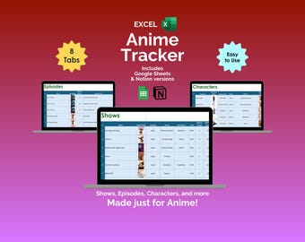 Plantilla de hoja de cálculo para seguimiento de listas de anime Planificador otaku Base de datos de episodios Lista de personajes Diario de anime kawaii Organizador de listas de seguimiento