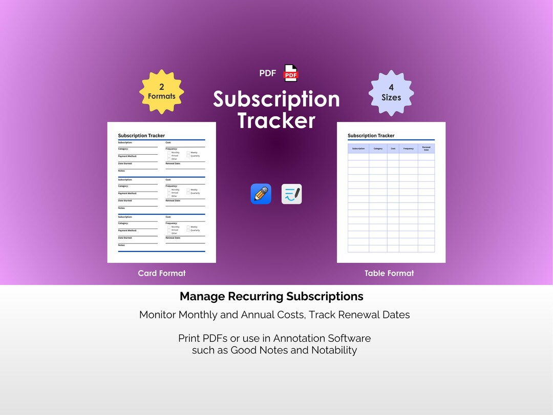 Servicetracker Pdf Subscription Tracker PDF Digital Template Expense Tracker Renewal Log ...