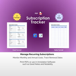 Rastreador de Assinaturas - PDF - Rastreador de Despesas para Impressão, Registro de Renovação, Lista de Membros; Layout de Cartão e Mesa; Carta, A4, A5, Planejador