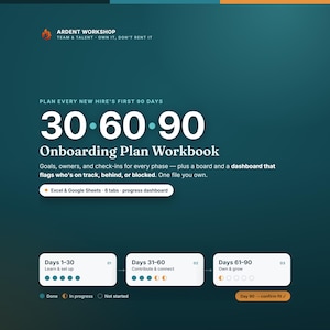 May include: A digital onboarding plan workbook template with a dark teal background. Text includes Ardent Workshop, 30-60-90 Onboarding Plan Workbook, and details on Excel and Google Sheets compatibility. It features progress trackers for three phases.