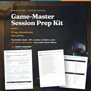 May include: A Game-Master Session Prep Kit for tabletop RPGs featuring 10 printable sheets, NPC, location and initiative cards with 472 improv-table entries. The kit includes filled-in examples, displayed on a dark surface with a mug.