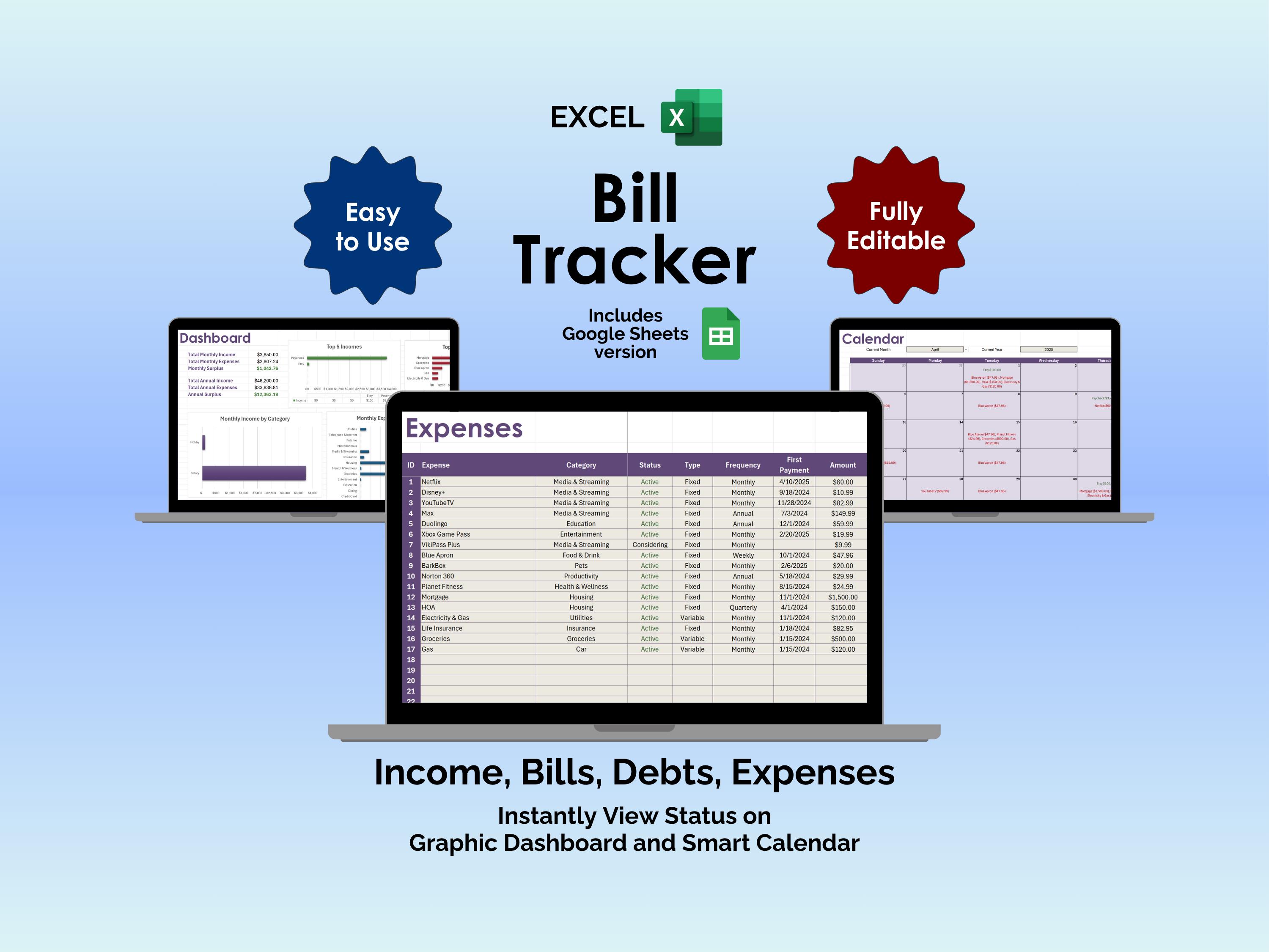 Bill Payment Tracker Excel Spreadsheet Expense Tracker Budget Planner ...