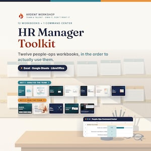 Könnte beinhalten: Ein HR-Manager-Toolkit-Produktset mit 12 Arbeitsmappen und 1 Befehlszentrale. Die Grafik enthält den Text Ardent Workshop, HR Manager Toolkit und listet die Kompatibilität mit Excel, Google Sheets und LibreOffice-Software auf.