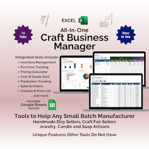 May include: An advertisement for an Excel-based craft business manager. The image shows three laptops displaying spreadsheets and charts. Text includes "All-In-One Craft Business Manager" and features like inventory management and pricing calculators. It is designed for small batch manufacturers.