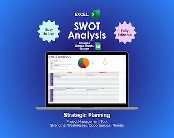 Szablon analizy SWOT w programie Excel Planista strategii biznesowej Narzędzie do zarządzania projektami Organizator planowania strategicznego Mocne i słabe strony