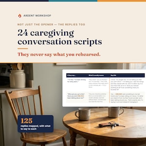 以下が含まれることがあります： Ardent Workshopによる「24 caregiving conversation scripts」というタイトルのデジタルグラフィック。誰かが言うこと、その意味、提案された返答の列がある表と、「125 replies mapped, with what to say to each」というテキストが含まれています。