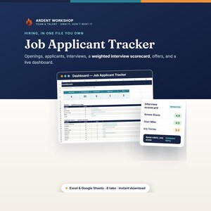 May include: A digital Job Applicant Tracker spreadsheet template featuring a dashboard with applicant metrics, a pipeline view, and a weighted interview scorecard. The interface displays data for Excel and Google Sheets with eight tabs.