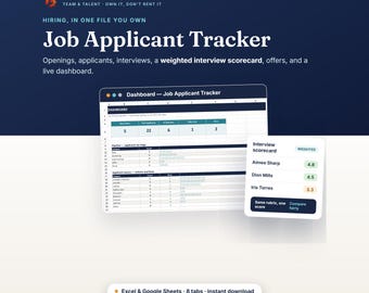 Job Applicant Tracker Excel & Google Sheets, Einstellungs-Flow-Plane, Interview Scorecard, Einstellungskandidaten-Tracker, Dashboard