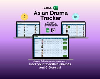 Asian Drama Excel Tracker - K-Drama, C-Drama Fans, Organize Korean, Chinese, Japanese TV Shows, Episodes, Actors, Daily Journal, Binge Watch