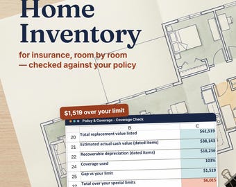 Home Inventory Spreadsheet Excel Template for Insurance Claims, Coverage Gap Calculator, Proof of Ownership Tracker, Room by Room List & Log