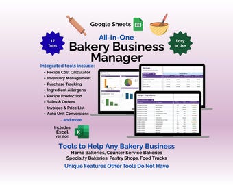 May include: An advertisement for an All-In-One Bakery Business Manager, featuring three laptops displaying charts and spreadsheets. The image includes text highlighting integrated tools like recipe cost calculators and inventory management. The design incorporates icons and the text "Easy to Use."