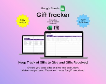 Mall för presentspårning i Google Sheets, presentplanerare för högtider, kalkylblad, jul, födelsedag, bröllop, babyshower, årsdagsorganisatör
