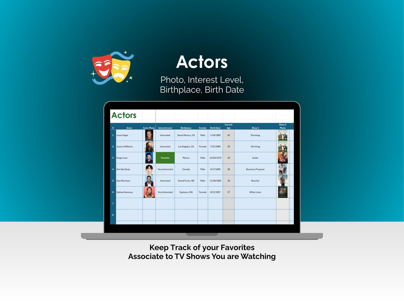 TV Show Tracker Excel Spreadsheet Episode Log Actor Tracking Critic ...