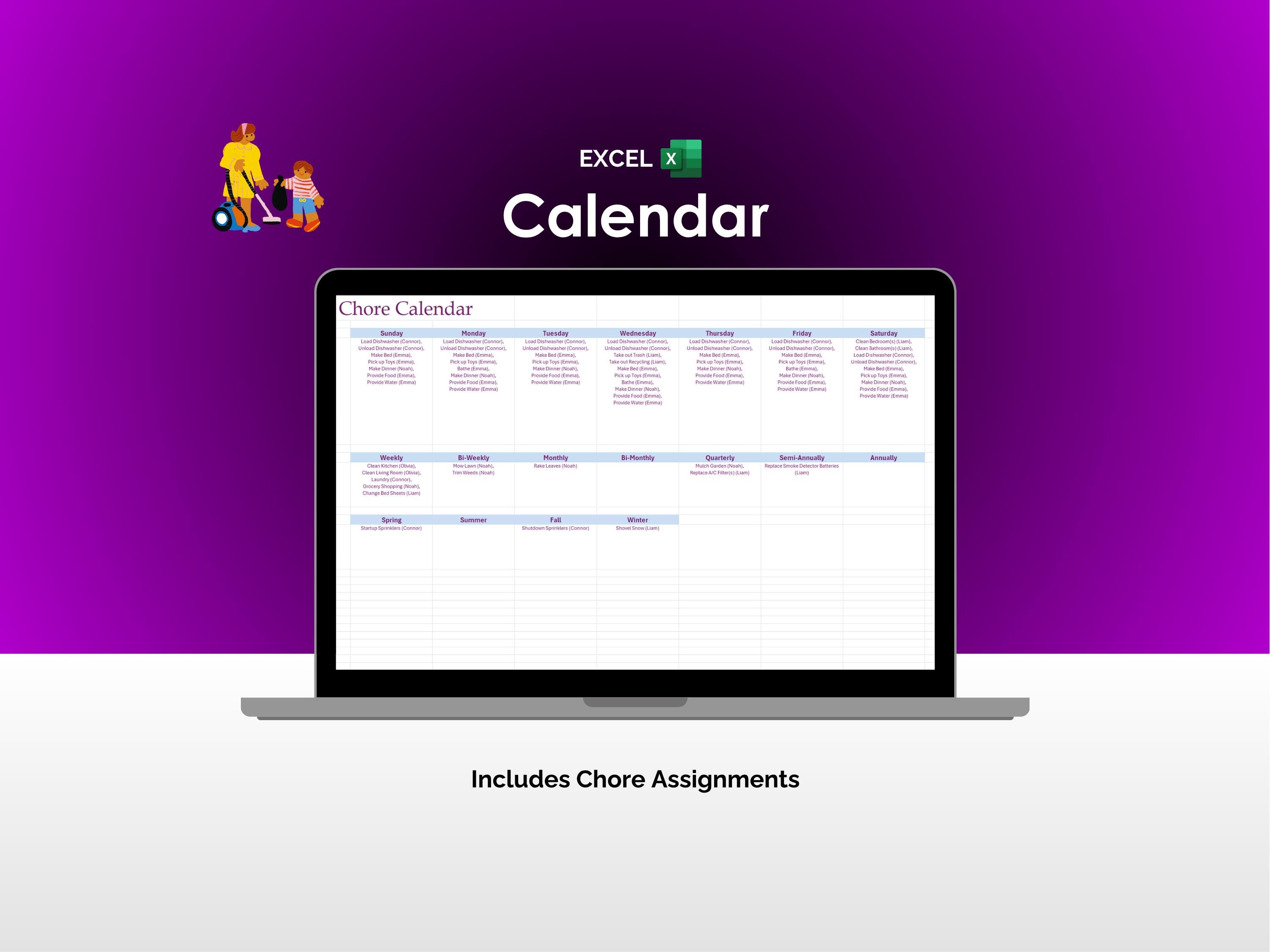 Family Chore Chart Excel Template Kids Weekly Cleaning Schedule ...