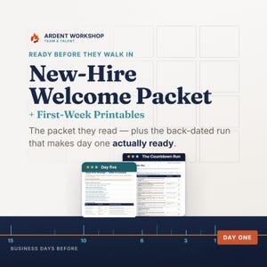 May include: A digital document titled New-Hire Welcome Packet + First-Week Printables from Ardent Workshop. It includes a Day Five form and a Countdown Run checklist, displayed above a timeline showing 15 business days before Day One.