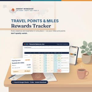 Peut inclure: Un tableur numérique de suivi des points et miles de voyage affiché sur un écran, présentant un tableau de bord avec des colonnes pour les soldes, les dates d'expiration et le statut. Inclut une notification pour les miles Summit Air.