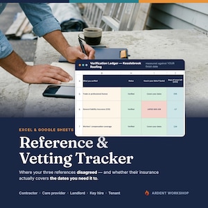 Può includere: Un foglio di calcolo digitale intitolato Verification Ledger - Kesslebrook Roofing, che mostra colonne per lo stato di verifica, le date di copertura assicurativa e i giorni rimanenti. Il testo recita Excel & Google Sheets Reference & Vetting Tracker.