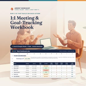Può includere: Una cartella di lavoro digitale per riunioni 1:1 e monitoraggio degli obiettivi per Excel e Google Sheets. Il grafico mostra il titolo, il marchio Ardent Workshop e un'anteprima di un foglio di calcolo Team Dashboard con metriche di progresso.