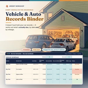 May include: A digital Vehicle & Auto Records Binder by Ardent Workshop featuring a service schedule spreadsheet. The graphic shows a house with a garage, two cars, and a table tracking maintenance items like oil changes and tyre rotations for vehicles.