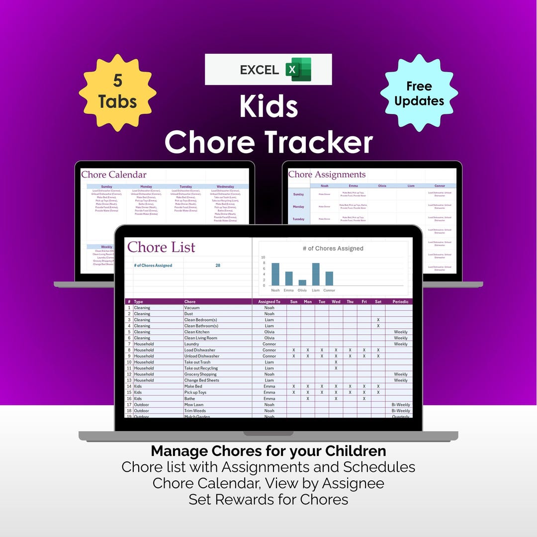 Kids Chore Tracker - Excel - Chore List & Calendar, Task Assignments ...