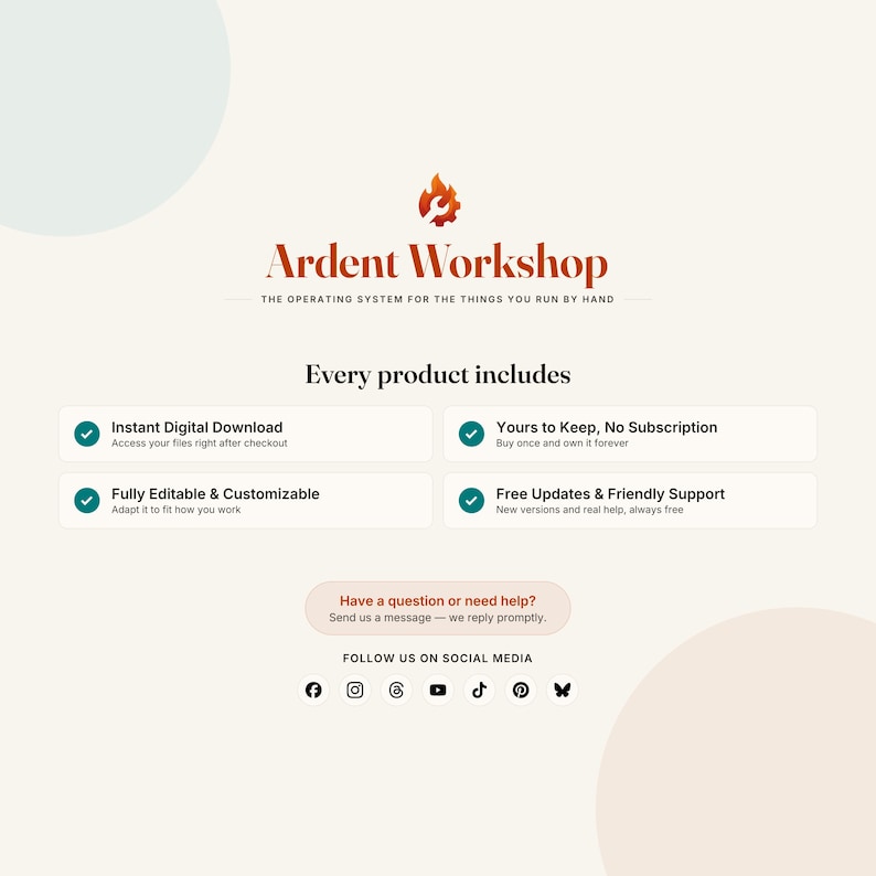 K&ouml;nnte beinhalten: Eine Informationsgrafik f&uuml;r Ardent Workshop mit einem Flammen- und Schraubenschl&uuml;ssel-Logo. Sie listet Produktvorteile wie sofortigen digitalen Download, kein Abonnement, volle Bearbeitbarkeit und kostenlose Updates auf. Enth&auml;lt Text und Symbole.