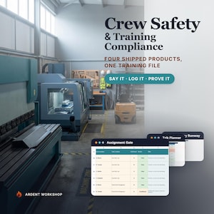 May include: A digital graphic for Crew Safety & Training Compliance featuring the text Four Shipped Products, One Training File and Say It, Log It, Prove It. It displays a warehouse with machinery, a forklift, and a spreadsheet interface.