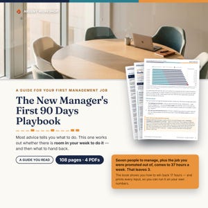 May include: A digital guide titled The New Manager's First 90 Days Playbook, featuring 108 pages and 4 PDFs. The document includes text, charts, and management advice, presented with a professional layout and a summary box highlighting time management.