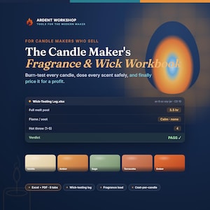 May include: A digital workbook titled The Candle Maker's Fragrance & Wick Workbook by Ardent Workshop. It features a wick-testing log for an 8 oz soy jar, color-coded scent labels like Vanilla and Amber, and includes Excel and PDF files with 8 tabs.