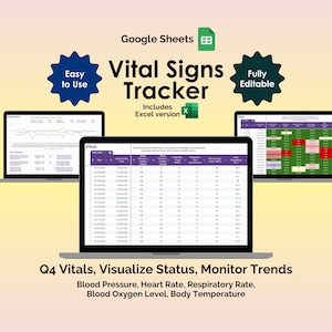 Può includere: Tre laptop mostrano un tracker digitale dei segni vitali. Il testo recita "Vital Signs Tracker", "Easy to Use" e "Fully Editable". Il tracker include una versione Excel e monitora la pressione sanguigna, la frequenza cardiaca e la temperatura corporea.