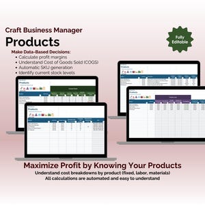 Craft Business Manager - Excel - Products - Maximize Profit by Knowing Your Products - Understand cost breakdowns by product (fixed, labor, materials), All calculations are automated and easy to understand