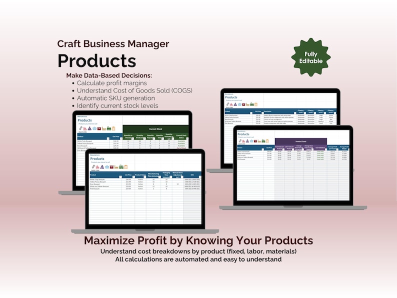 Craft Business Manager - Excel - Products - Maximize Profit by Knowing Your Products - Understand cost breakdowns by product (fixed, labor, materials), All calculations are automated and easy to understand