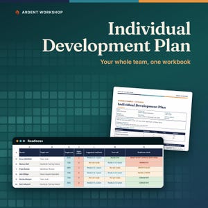Puede incluir: Un libro de trabajo de plan de desarrollo individual de Ardent Workshop con fondo verde oscuro y texto blanco. La imagen muestra un documento de plan ficticio y una hoja de cálculo titulada Readiness con columnas para persona, rol y preparación.