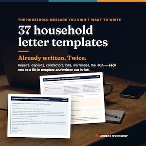 May include: A digital product titled 37 household letter templates, featuring text on a dark background. Two document pages are displayed, showing a standard written request for a landlord repair and a worked example with fill-in-the-blank sections.