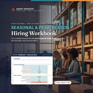 May include: A digital workbook titled Seasonal & Peak-Season Hiring Workbook by Ardent Workshop, featuring a dashboard spreadsheet for seasonal labor planning, cost versus revenue analysis, and Excel and Sheets compatibility icons.