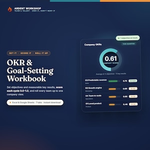 May include: A digital OKR and Goal-Setting Workbook interface by Ardent Workshop. The dark blue layout features a company score dashboard with a circular progress chart, objective lists with numerical values, and text labels for Excel and Google Sheets.