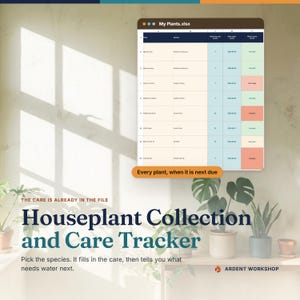 May include: A digital spreadsheet titled My Plants.xlsx displaying a houseplant collection and care tracker. The table includes columns for plant species, watering intervals, next water dates, and status. Text reads Houseplant Collection and Care Tracker.