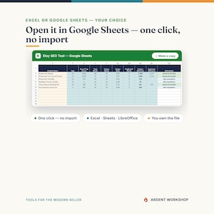 May include: A digital spreadsheet interface titled Etsy SEO Tool displayed in Google Sheets. The table contains columns for product names, tag counts, word metrics, and SEO verdicts. Text includes 'Open it in Google Sheets &mdash; one click, no import'.