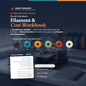 May include: Ardent Workshop 3D-Printing Shop Toolkit: The 3D Print Shop's Filament & Cost Workbook. Includes a print cost calculator spreadsheet showing material, electricity, and labor costs, plus a filament inventory tracker with black, teal, amber, sage, crimson, and cream color options.