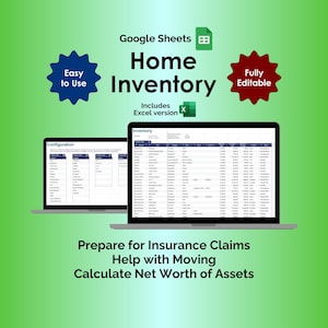 May include: Two laptops displaying a home inventory spreadsheet. The image includes the text "Home Inventory" and "Easy to Use." The laptops are set against a green gradient background. The text "Prepare for Insurance Claims" is also visible.