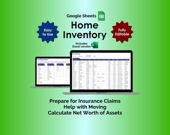 Home Inventory Spreadsheet Asset Tracker Insurance Claim Organizer Moving Checklist Net Worth Calculator Google Sheets Planning Template