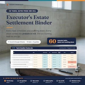 May include: A digital Executor's Estate Settlement Binder template for Excel and Google Sheets. It features 60 tasks, 13 tabs, and 4 guides. The interface displays a Task & Deadline Tracker spreadsheet with columns for task, stage, window, date, and status.