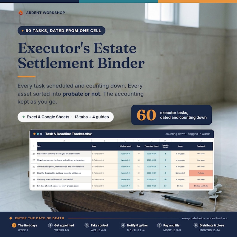 May include: A digital Executor's Estate Settlement Binder template for Excel and Google Sheets. It features 60 tasks, 13 tabs, and 4 guides. The interface displays a Task & Deadline Tracker spreadsheet with columns for task, stage, window, date, and status.