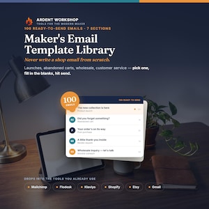 May include: A digital product graphic titled Maker's Email Template Library by Ardent Workshop. It features a list of 100 ready-to-send email templates for launches, abandoned carts, and customer service, compatible with Mailchimp, Flodesk, Klaviyo, Shopify, Etsy, and Gmail.