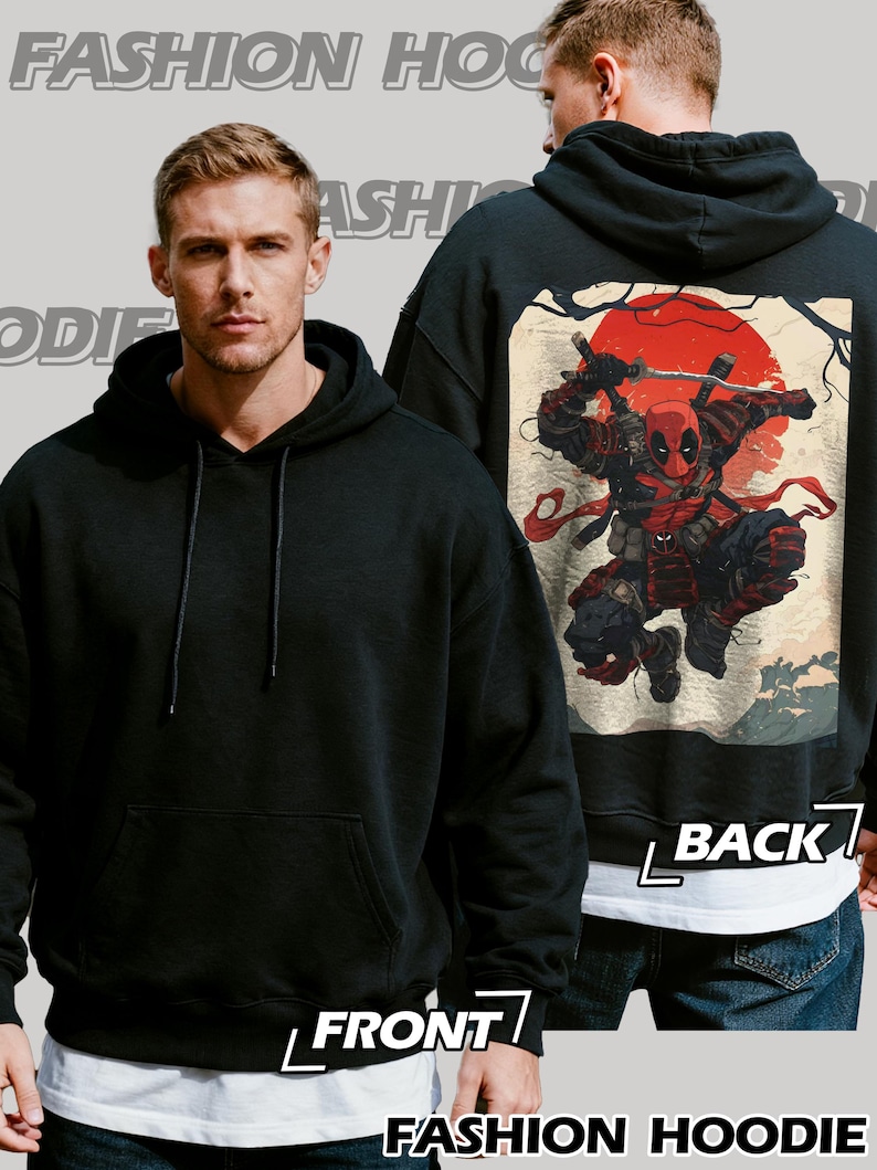 May include: Black hoodie with a front pocket and drawstring hood. The back features a graphic of a character in a samurai outfit with a red sun background. The words "FASHION HOODIE" are at the bottom.