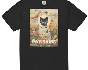 Pawsome Cat Graphic T-Shirt 8, Unique Retro Design Tee, Funny Cat Lover Gift, Artistic Unisex Short Sleeve Shirt,   Flowers butterfly Cat T
