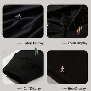 May include: A black hoodie with detailed close-up shots of the fabric, collar, cuff, and hem. The image includes the text "DETAIL DISPLAY" and "Strictly controlled at every stepquality guaranteed."