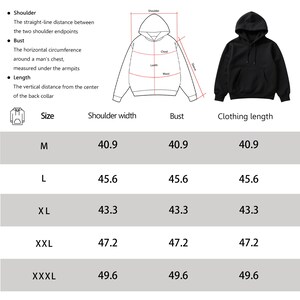 May include: Product dimensions chart for a black hoodie. Includes measurements for shoulder width, bust, and clothing length in inches. Sizes range from M to XXXXL. The chart also includes a diagram of the hoodie.