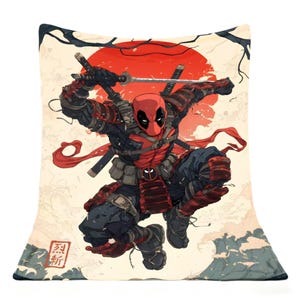 Samurai Deadpool Ukiyo‑e Throw Blanket, Japanese Ninja Deadpool Couch Blanket, Red Sun Katanas Superhero Fleece Blanket, Anime Samurai Super image 2